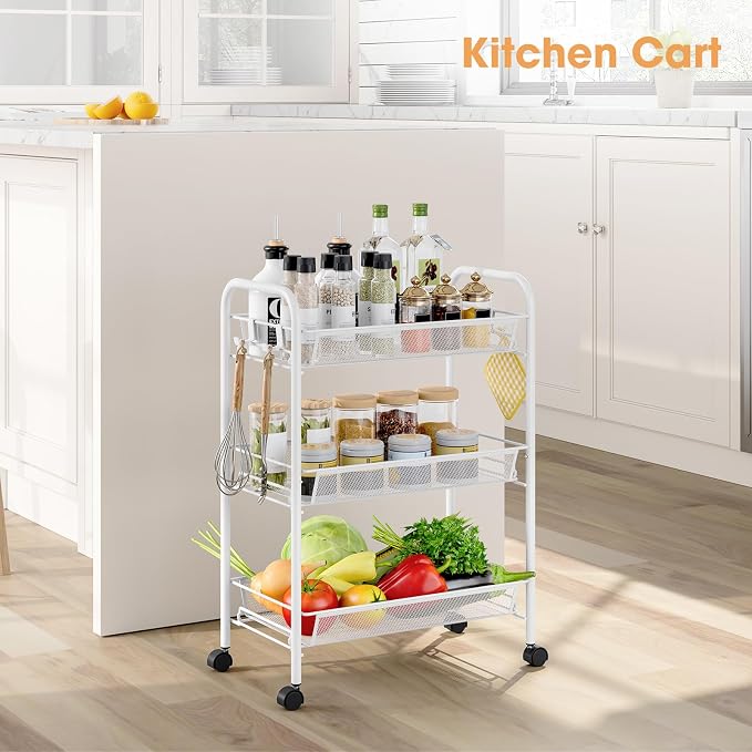 TOOLF 3 Tier Rolling Cart, Metal Utility Storage Cart with Wheels, White | 3 Hooks, Screwless Assembly, Trolley Organizer for Bathroom, Kitchen, Office, Nursery, Dorm, Laundry Room - Image 2
