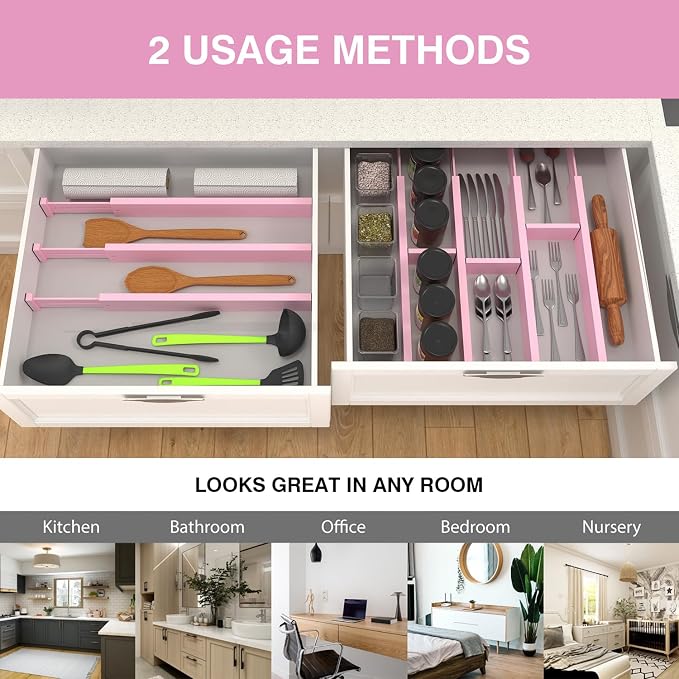 Expandable Bamboo Drawer Dividers Organizers, Drawer Separators Splitter, 17-22 inches Long Adjustable Spring-loaded Organizer for Large Utensil, Clothes, Tools(Pink) - Image 6
