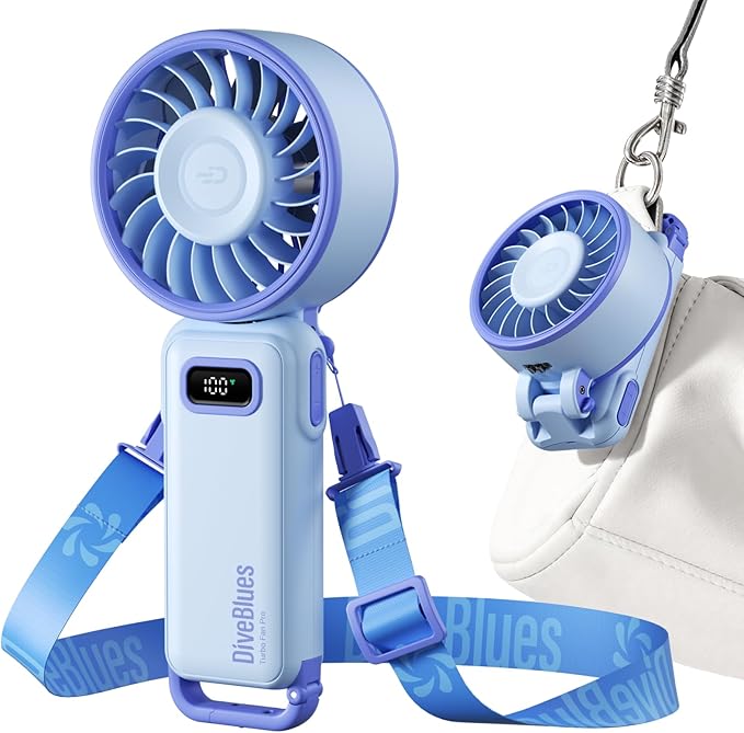 Diveblues Portable Turbo Fan, 100 Speed Handheld Fan with Strong Airflow, Foldable 4 in 1 Personal Fan for Neck, Desk & Travel, USB-C Rechargeable, Lightweight for Summer, Concerts & Outdoor Use by Diveblues