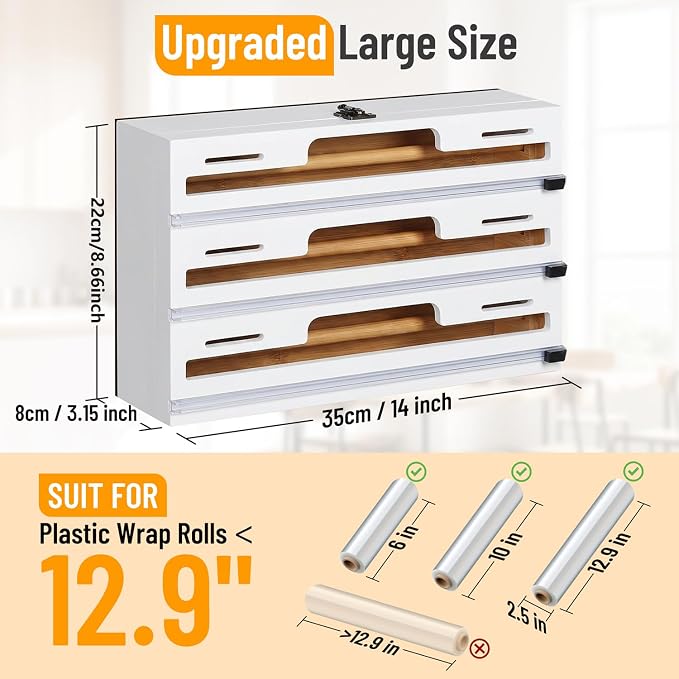 Allinside Magnetic Plastic Wrap Dispenser with Cutter, 3 in 1 Refrigerator Bamboo Wood Organizer for Tin Foil, Baking, Wax Paper Holder Kitchen Storage Box Compatible with 12.9" Roll, White (3 Layer) - Image 2