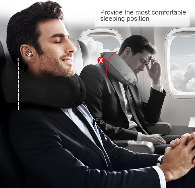 Travel Neck Pillows for Airplanes Memory Foam Neck Pillow for Traveling Adjustable Travel Pillow for Sleeping, Airplane,Train, Car with Eye Mask, Earplugs, Carry Bag - Image 4