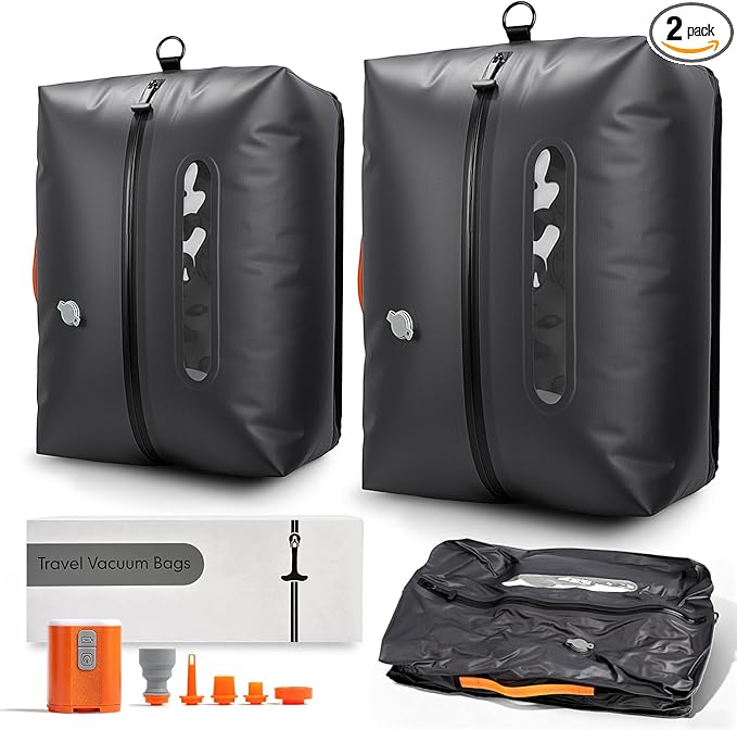 Vacuum Travel Bags with Pump, 2 Pack 34L Space Saver Vacuum Compression Bags for Travel Luggage Suitcase Backpack, Waterproof & Reusable Vacuum Packing Cubes for Clothing（2Pcs+Pump) by Unknown