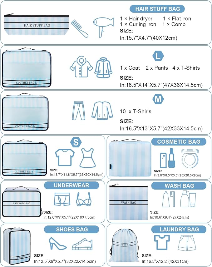 9 Set Packing Cubes Luggage Packing Organizers for Travel Accessories Space Saving Travel Bags for Carry On, Lightweight Mesh Zipper, Clothes, Shoes, Laundry and Shoe Bag (Blue Streak) - Image 4