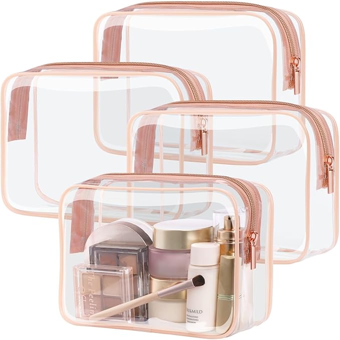 TSA Approved Toiletry Bag - Clear Makeup Bag, 4 Medium Rose Pink | Quart Size for Carry-On, Reinforced Seams, Water-resistant, Smooth Metal Zipper, Clear Easy-Check for Airport Hotels, Women by Packism