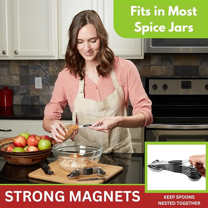 Spring Chef Stainless Steel Magnetic Measuring Spoons Set of 8, Black | Dual Sided Metal Teaspoon & Tablespoon Measuring Spoons with Leveler for Dry & Liquid Ingredients, Nesting, Dishwasher Safe - Image 2