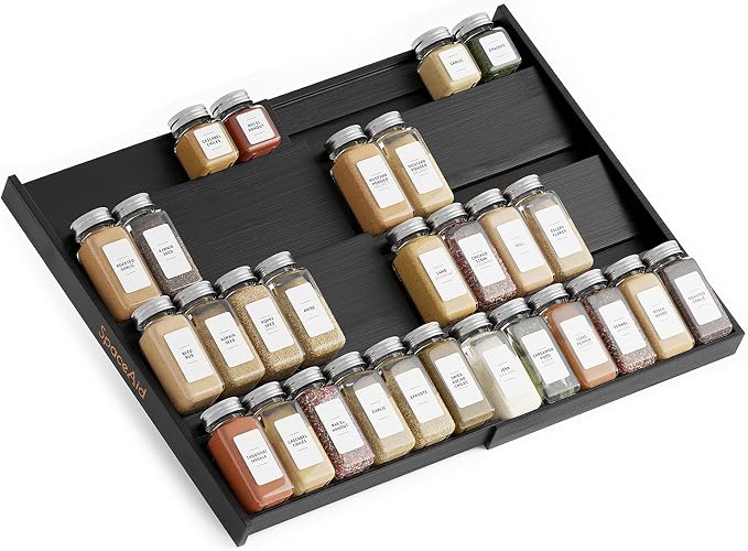 SpaceAid Bamboo Black Spice Drawer Organizer, (Need 3" Deep Drawer) Expandable 4 Tier Spices Rack for Cabinet, Kitchen Seasoning Storage Insert (Jars Not Included, From 12" to 23" Wide) by SpaceAid
