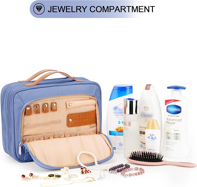 Travel Hanging Toiletry Bag for Women, Cruise Ship Essentials, with Jewelry Organizer, Extra Large Makeup Dopp Kit, Waterproof Cosmetic Bags, Toiletries Kit Set with Trolley Belt, Blue - Image 8