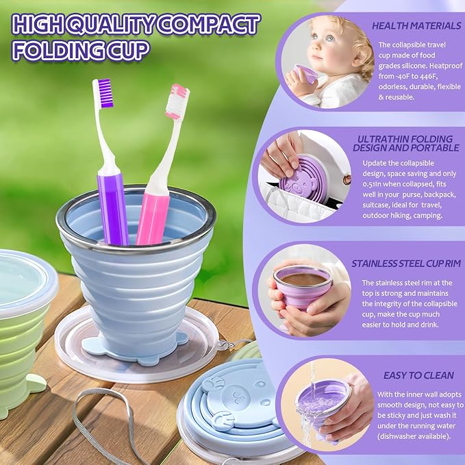Toothbrush Travel Case, Travel Toothbrush Silicone Collapsible Toothbrush Cup, Travel Toothbrush Set Suitable for Business Camping Travel or Daily Use (Purple) - Image 3