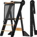COSYLAND Toddler Standing Tower Foldable Toddler Kitchen Step Stool | Adjustable Height Folding Step Stool for Kids Learning, Cooking - Ages 18 Months-6 Years with Safety Net Natural & Charcoal by COSYLAND