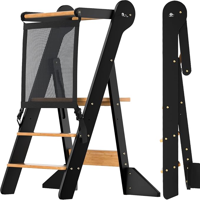 COSYLAND Toddler Standing Tower Foldable Toddler Kitchen Step Stool | Adjustable Height Folding Step Stool for Kids Learning, Cooking - Ages 18 Months-6 Years with Safety Net Natural & Charcoal by COSYLAND