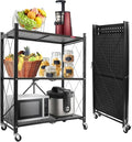 DEANIC 3 Tier Foldable Storage Shelves with Wheels, Kitchen Appliance Stand, Freestanding Metal Wire Shelf Rack, No Assembly Organizer Rolling Cart for Garage, Basement, Pantry (Black) by ShowNow