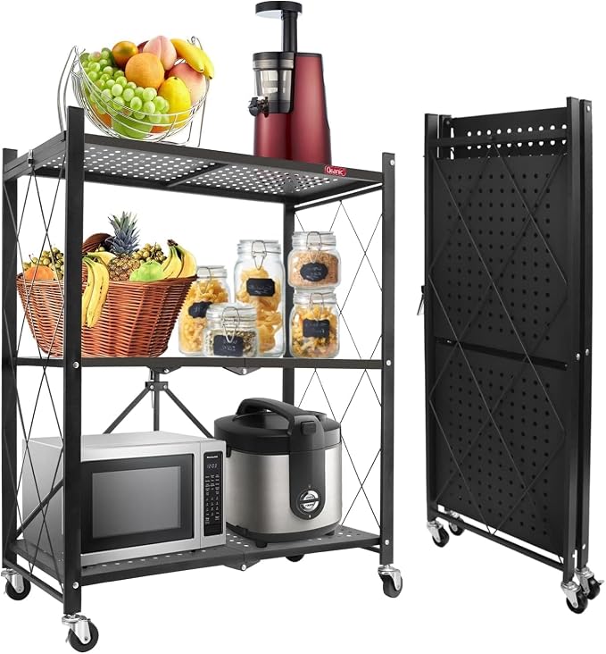 DEANIC 3 Tier Foldable Storage Shelves with Wheels, Kitchen Appliance Stand, Freestanding Metal Wire Shelf Rack, No Assembly Organizer Rolling Cart for Garage, Basement, Pantry (Black) by ShowNow