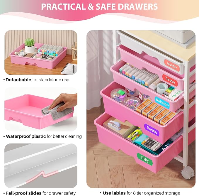 Goovilla Rolling Cart with 5 Drawers for Craft, Art, Dorm, Office, Pink | Utility Cart Organizer With 5 Removable Drawers and Wooden Tabletop, Lockable Rolling Storage Organizer for Classroom, Home - Image 3
