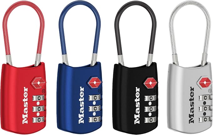 Master Lock TSA Approved Combination Luggage Lock, Assorted, 4-Pack 4688EC4 | TSA Accepted Set Your Own Combination Luggage Cable Lock For Suitcases, Backpacks, Travel and Airport Security, 3-digit Lock - Image 9