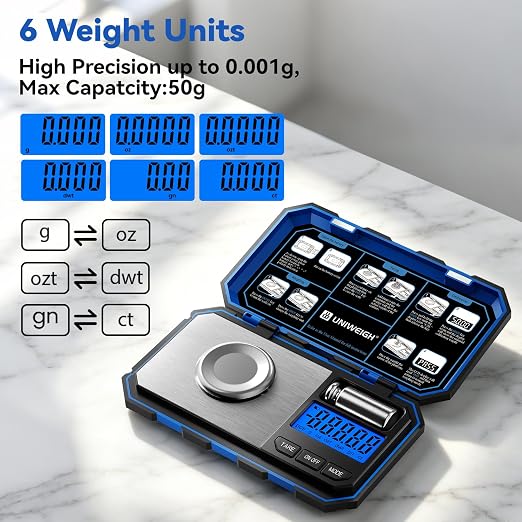 Milligram Scale Precision 0.001g/50g | Digital Jewelry Scale for Powder,Gold,Gem,Reloading,Micro Gram,Coins Scale 6 Units,Tare,Pocket mg Scale with Cal Weight - Image 2