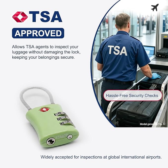 Luggage Locks TSA Approved, Airplane Travel Essentials, TSA Locks for Luggage, Suitcase, Anti Theft Small Padlock Combination, Mini Cable Padlock for Backpack, Bag Zipper, Case, Tool Box - Image 3