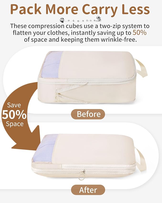 11pc Compression Packing Cubes for Travel, Expandable Suitcase Organizer Bags Set for Carry on Luggage, Essential Travel Accessories for Clothes, Beige - Image 3