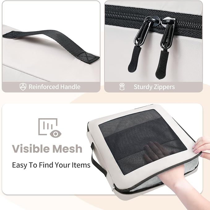 Mesh Packing Cubes for Travel, Durable Luggage Organizer with Sturdy Material and Double Zippers, Comprehensive Set for Travel Accessories Storage, 10 set, cream - Image 4