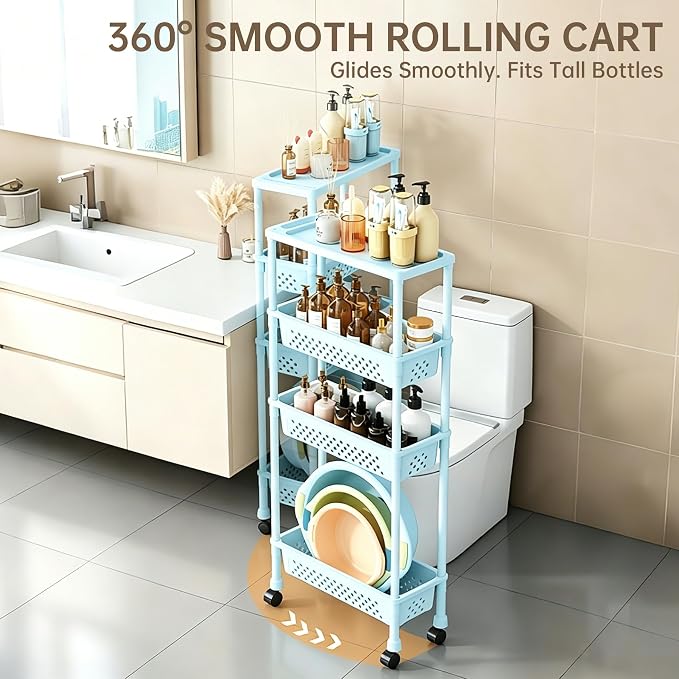Slim 4 Tier Rolling Storage Cart Narrow Bathroom Organizer on Wheels Blue | 6.7" wide for tight bathroom/kitchen gaps, extra-tall tier, 360° casters, quick-dry shelves, tool-free storage rack - Image 5