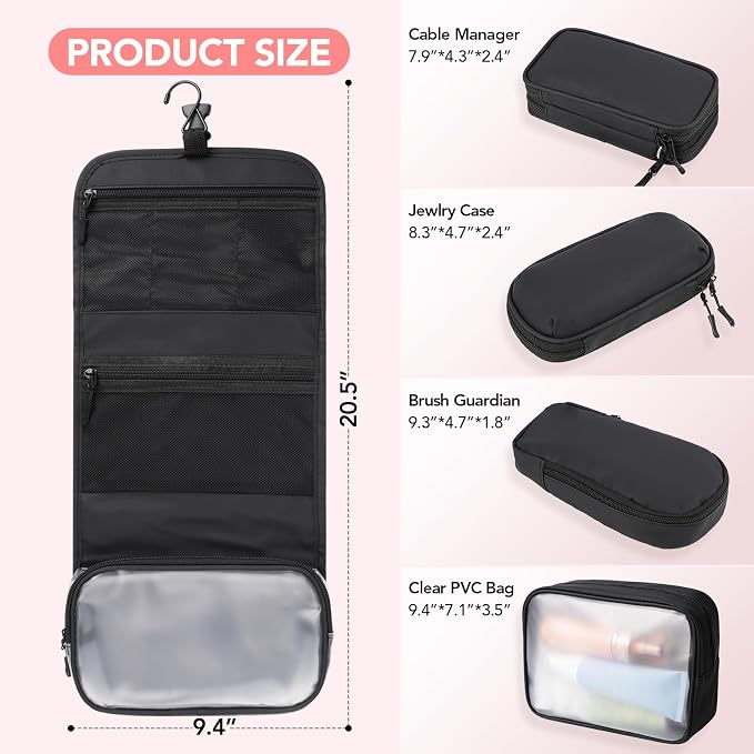 5-Piece Travel Toiletry Bag for Women, Organize Toiletries & Cosmetics | Personal Travel Essentials, with Hanging Toiletry Bag, Clear Cosmetic Bag, Makeup Bag, Jewelry Case & Cable Pouch - Black - Image 2