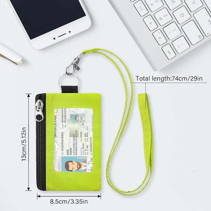 Minimalist RFID Blocking Wallet with 2 Zip Pockets and Lanyard, Water Resistant ID Case with Key Ring and Cards Badge Holder, Coin Purse Pouch for Men and Women Travel Sports -BU+GN - Image 2