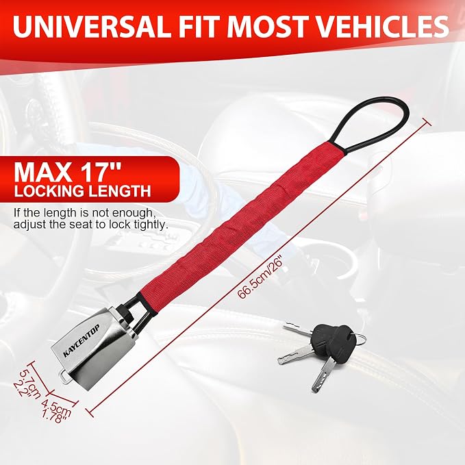 KAYCENTOP Car Steering Wheel Lock, Seat Belt Lock, Car Locks Anti-Theft Device with Aluminum Alloy Lock Housing, Max 17 Inch Length, High Visibility and Light-Weight, Universal Fit, 3Keys(Red) - Image 2