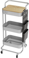 DTK 3-Tier Rolling Cart with Table Top, Metal Utility Cart with Side Bags | Tray Storage Organizer, Lockable Wheels, 4 Hooks, Art Cart for Kitchen, Bathroom, Office, Craft room, Living room,Grey by DTK