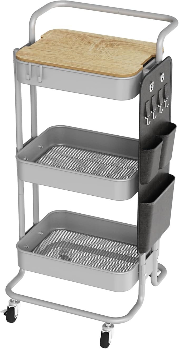 DTK 3-Tier Rolling Cart with Table Top, Metal Utility Cart with Side Bags | Tray Storage Organizer, Lockable Wheels, 4 Hooks, Art Cart for Kitchen, Bathroom, Office, Craft room, Living room,Grey by DTK