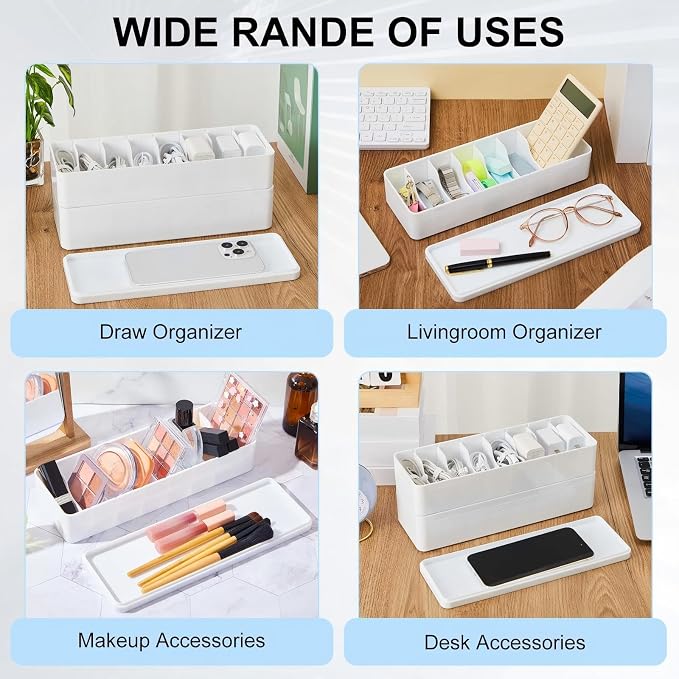 Tatuo 4 Pcs Cord Organizer for Drawer Desktop, Cable Organizer Box with 8 Compartments and Wire Ties, Plastic Charger Storage with Lid, Electronics Case for Home Office Accessories (Small,White) - Image 7