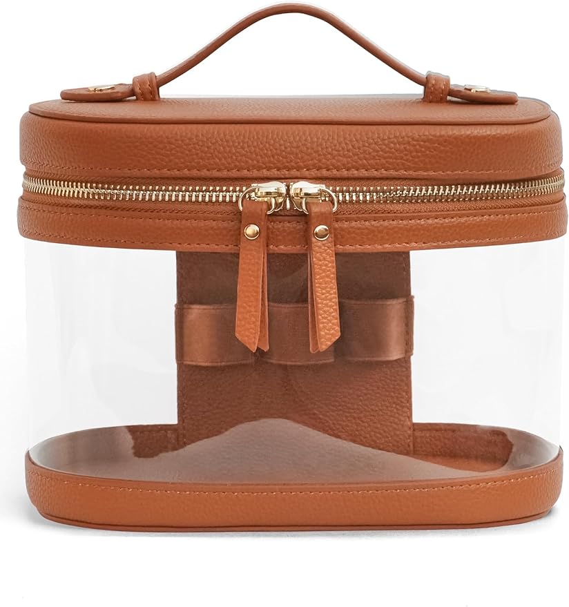 Travel Makeup Case Clear Vanity Bag with Brush Holder, Compact Leather Train Case Brown Make Up Bag Storage Organizer Luxury Cosmetic Case Travel Essentials Cute Portable with Handle by POPVIBE
