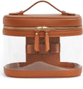 Travel Makeup Case Clear Vanity Bag with Brush Holder, Compact Leather Train Case Brown Make Up Bag Storage Organizer Luxury Cosmetic Case Travel Essentials Cute Portable with Handle by POPVIBE