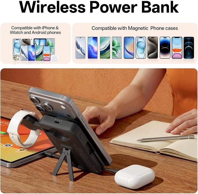 Q Magnetic Wireless Portable Charger 10,000mAh, Travel Essentials Power Bank with Built-in Cables & Foldable Stand, External Battery Pack Compatible with iPhone 17/16/15/14/13/12, Apple Watch - Image 4