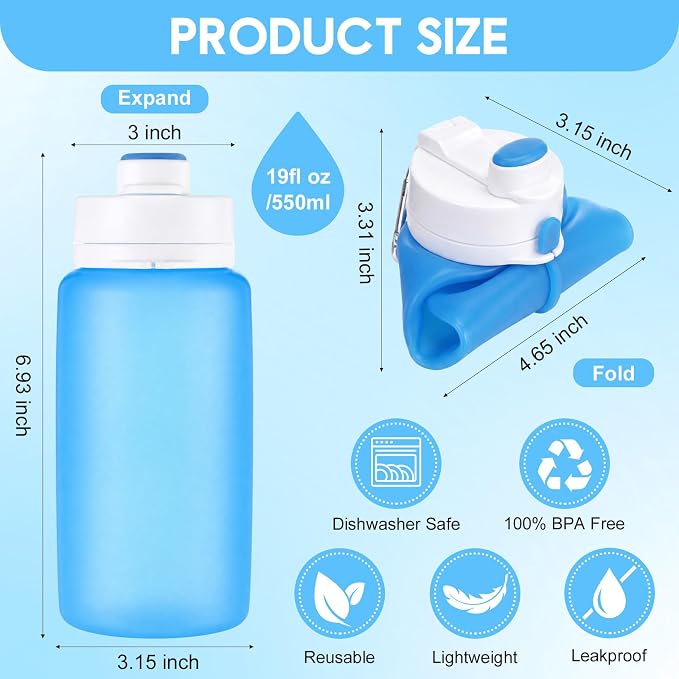 LemonRoad 2 Pcs 19 oz Silicone Collapsible Water Bottle, Pink Blue | Portable Foldable Water Bottle, Leakproof, Carabiner, Reusable, Lightweight, for Travel Sport Hiking Camping Cycling Office - Image 2