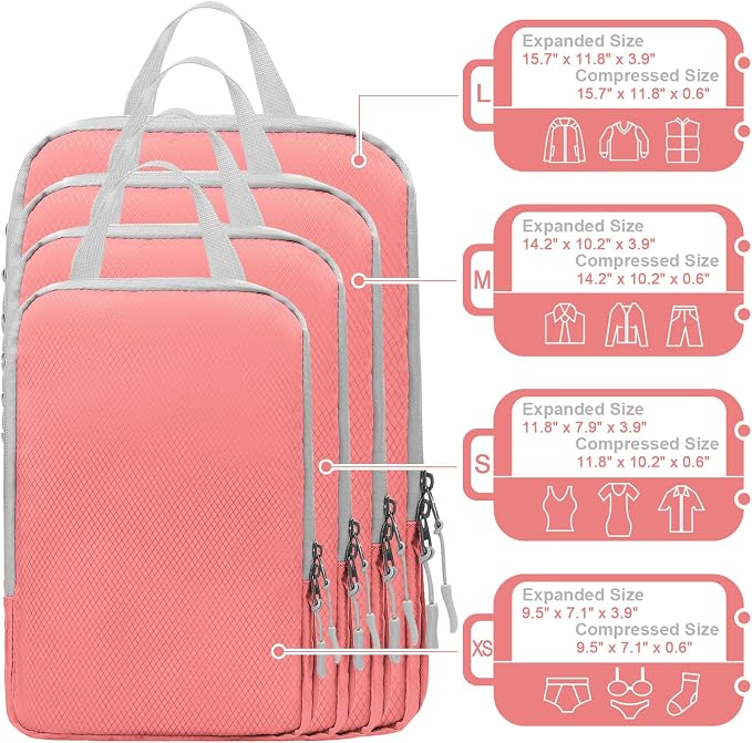 WOOMADA Compression Packing Cubes for Suitcases Travel Essentials 4 Set Expandable Travel Bags Organizer for Luggage(pink) - Image 2