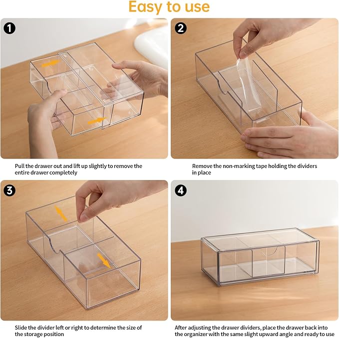 PAVSTINE Medicine Cabinet Organizer 2 Pack, Stackable Storage Drawers with Removable Divider, Make Up Organizer for Bathroom Mirror Cabinets, Vanity, Closet, Countertop - Clear - Image 7