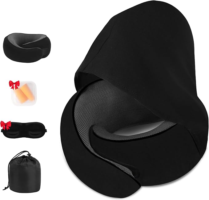 Travel Neck Pillow, Newly Upgraded Hooded Neck Pillow, 100% Pure Memory Foam Travel Pillow for Flight Headrest Sleep,Portable Aircraft Accessory,Suitable for use in Plane/Car/Office(Black) by Unknown