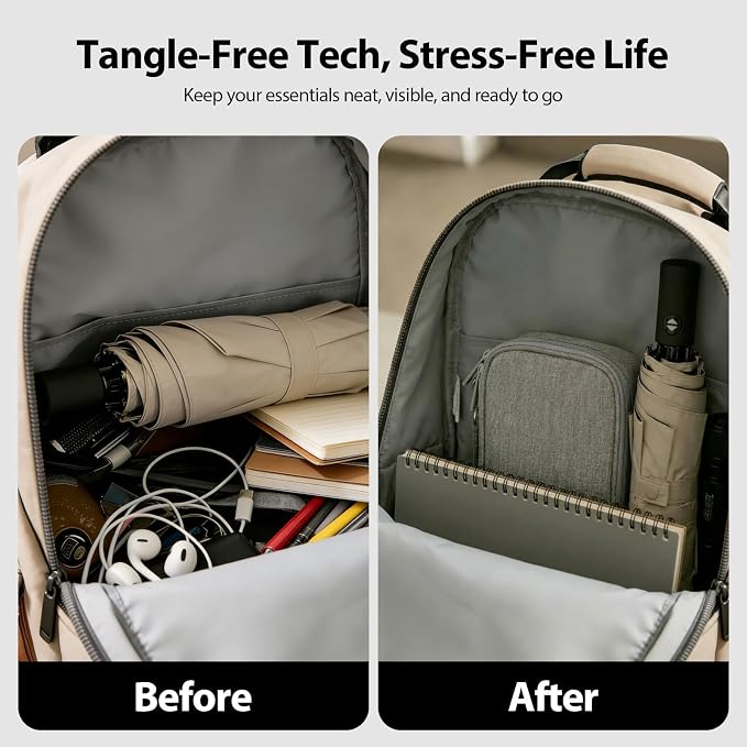 Double Layer Electronics Organizer Tech Pouch for Chargers, Gray | Water-resistant Oxford fabric, 8 compartments for 3ft+ cords and compact 7.87x4.72x1.97in design. Includes 8 cable ties. - Image 4
