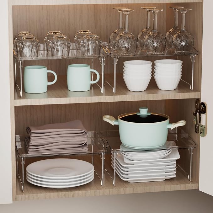 STARLATTA 2 Pcs Cabinet Organizer Shelf, Stackable Kitchen Counter Shelves, Spice Rack,Countertop Organizers, Clear Plastic Storage Shelves Rack for Makeup,Bathroom,Cupboard,Desk,Pantry Organization - Image 3