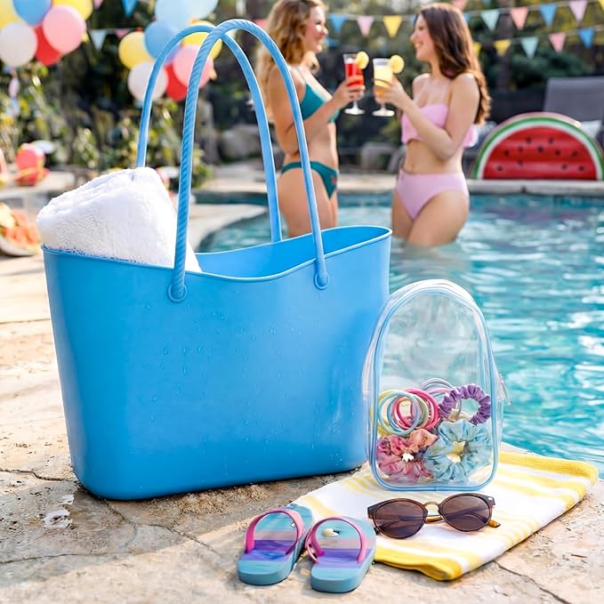 Medium Foldable Beach Tote Bag with Clear Phone Pouch 12.6" x 12"x 4.3" Washable Silicone Beach Bag for Short Trips Cruise Kayaking Picnics Camping Gym Pool Women Gift - Image 3