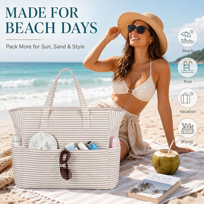 LEDAOU Large Beach Bag for Women, Waterproof Sandproof Tote Bag with Zipper | 36L Pool and Swim bag with Zipper, Wet/Dry pocket and 7 Pockets for Beach Days, Cruises, Vacations and Family travel - Image 3