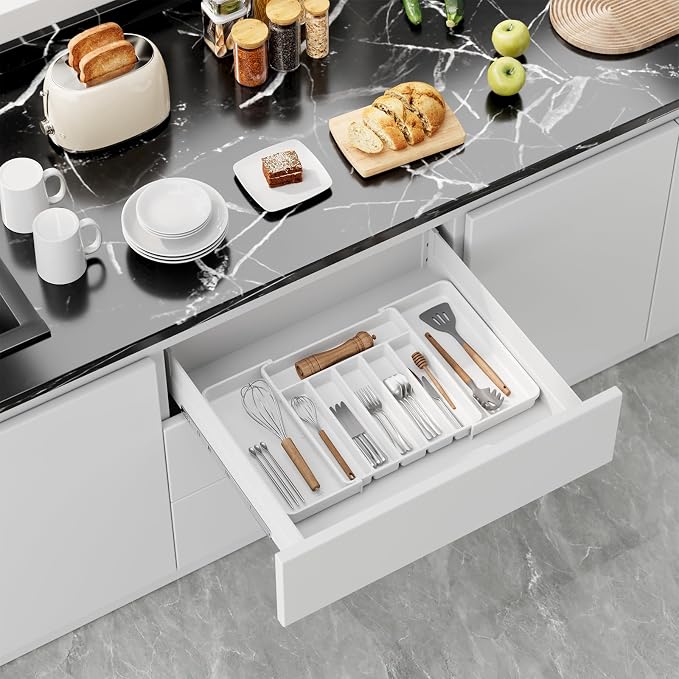 Aujen Silverware Drawer Organizer, Adjustable Utensil Cutlery Tray | Expandable Kitchen Organizer for Forks Knives, Multipurpose Kitchen Storage, Apartment Essentials, White, Large - Image 9