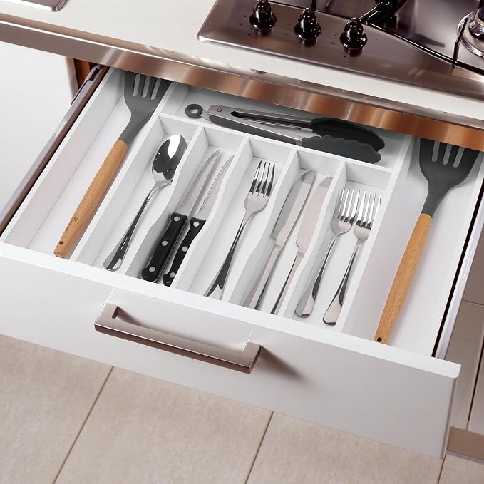 Large Premium Bamboo Silverware Organizer - Expandable Drawer Organizer & Utensil Organizer - 17"x19.7" Cutlery Tray with Dividers for Kitchen Utensils and Flatware (7-9 Slots) (White) - Image 8