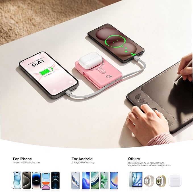 Q Magnetic Wireless Portable Charger 10,000mAh, Travel Essentials Power Bank with Built-in Cables & Foldable Stand, External Battery Pack Compatible with iPhone 17/16/15/14/13/12, Apple Watch - Image 5