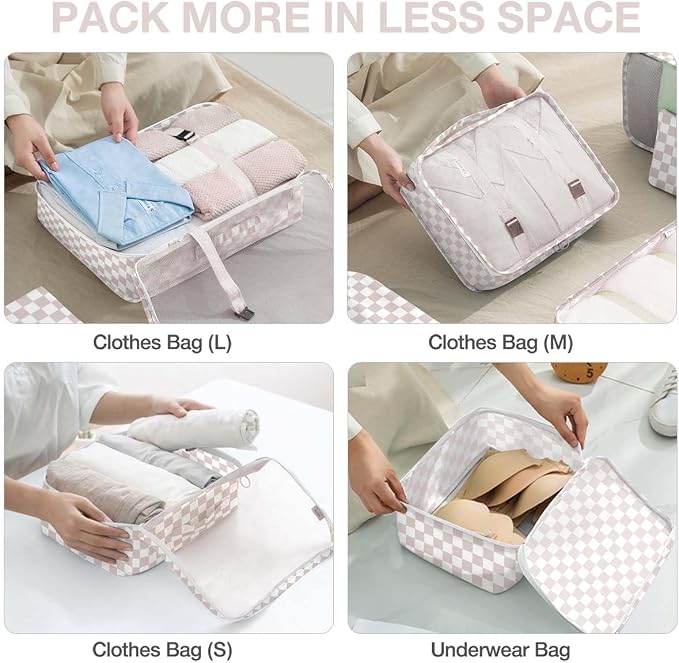 8 Set Packing Cubes for Suitcases, Packing Cubes with Shoe, Cosmetics, Clothing, Accessories Bags for Travel Luggage Organizer Women Men(Light Pink Checkered) - Image 4