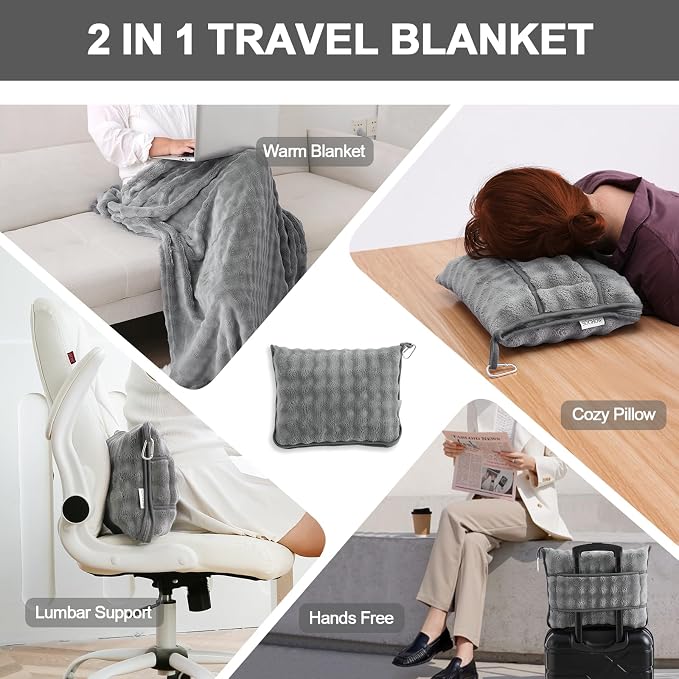 Soft Cozy Travel Blanket for Airplane Train and Car, Grey | Lightweight, Blanket or Pillow 2 in 1, Compact with Portable Bag Pillowcase, with Luggage Sleeve and Backpack Clip - Image 2