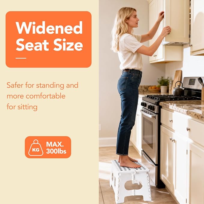 9 Inch Folding Step Stool, 15 Inch Extra-Wide, 300 lbs, White | Non-Slip Heavy Duty Foldable Step Stool for Kids and Adults, Extra-Wide for Comfort and Stability, for Bathroom and Kitchen - Image 7