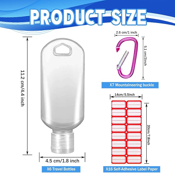 HATTIE 6 Pack Travel Plastic Clear Keychain Bottles 50ml/2oz Portable Leakproof Squeeze Small Bottles With Flip Cap Refillable Empty Containers for Lotion Soap Toiletry - Image 2