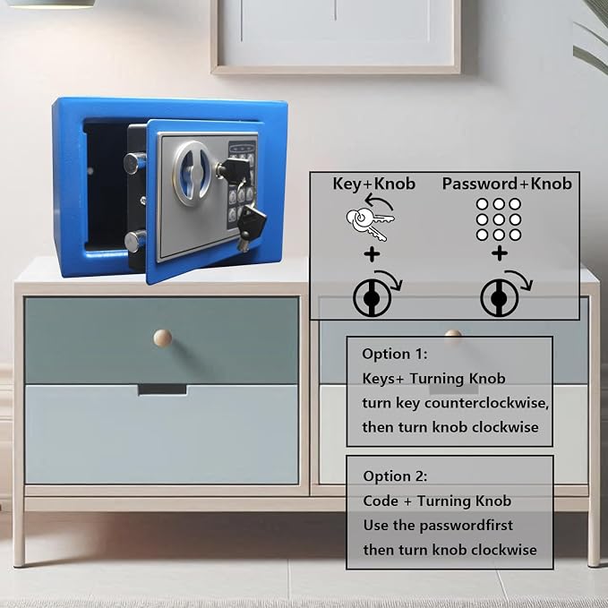 Yuanshikj Small Steel Security Safe Box with Keypad,Key;0.23 Cu Ft, Blue | Electronic Digital Secure,9.1" W x 6.7" D x 6.7" H,Hidden for Home Dorm Apartment Hotel Office Cash Jewelry Storage - Image 6