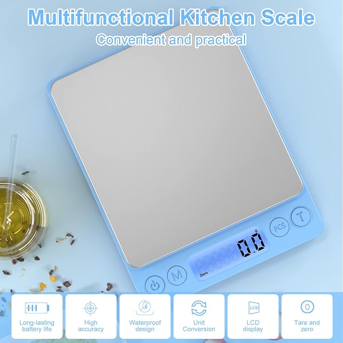 Digital Food Scale for Food Ounces and Grams，YONCON 3000g/0.1g Accuracy Multifunctional Kitchen Scale for Cooking, Baking | Small Size for Easy Storage | 2 Trays，Tare Function - Image 3