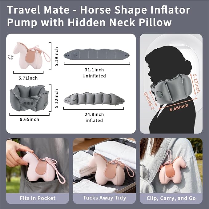 Inflatable Travel Neck Pillow Built-in Pump & Cute Storage Bag | Adjustable Cervical Support Travel Pillow For Airplane, Train, Office, And Long Trips. Hygienic Fabric (Pink) - Image 5